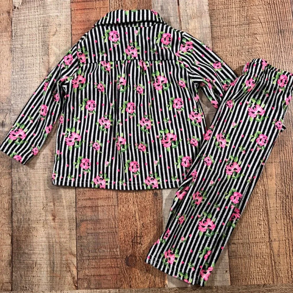 Betsey Johnson 18M Floral Striped Pajama Set Pink Black White Rose Girls